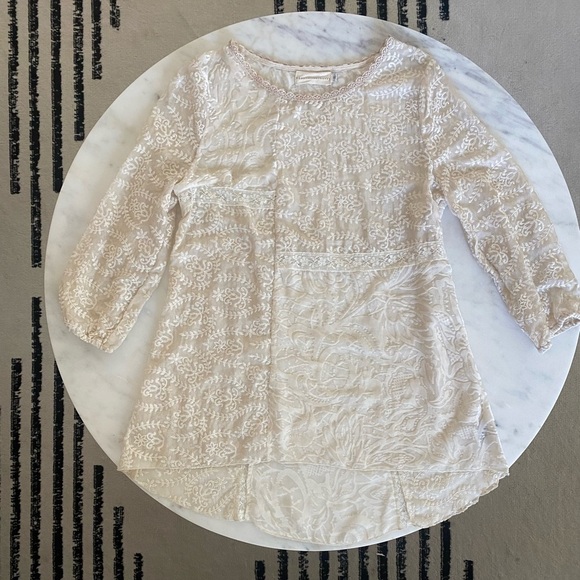 4 Love And Liberty Johnny Was 100% Silk Ornate Boho Beige Blouse sz XS - Picture 1 of 9